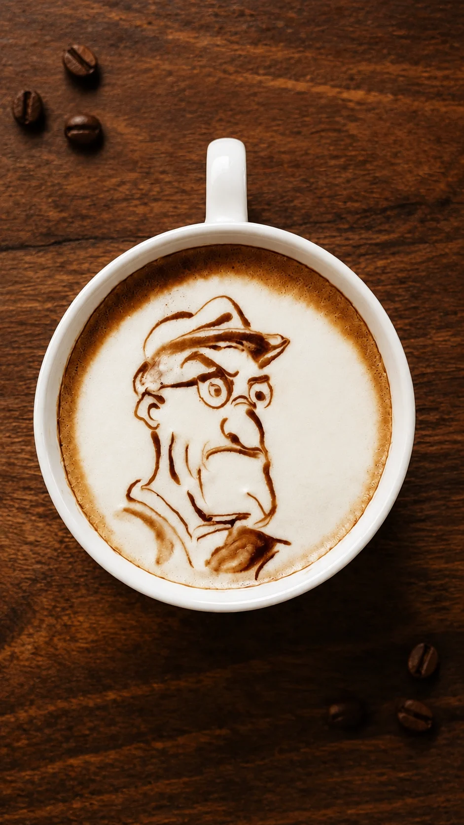 Portrait drawn on coffee foam in a white cup on a wooden table