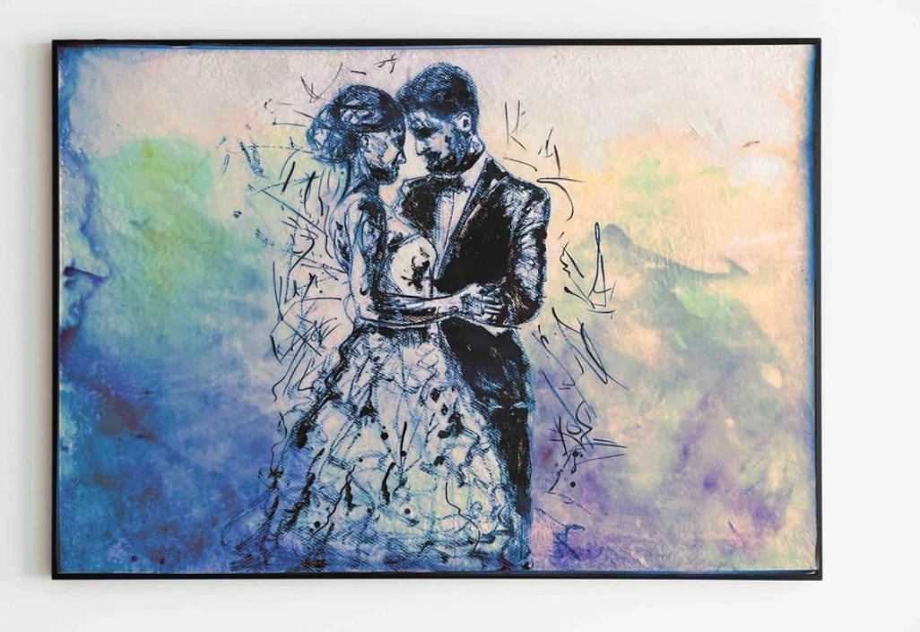 Illustrated painting of a wedding couple